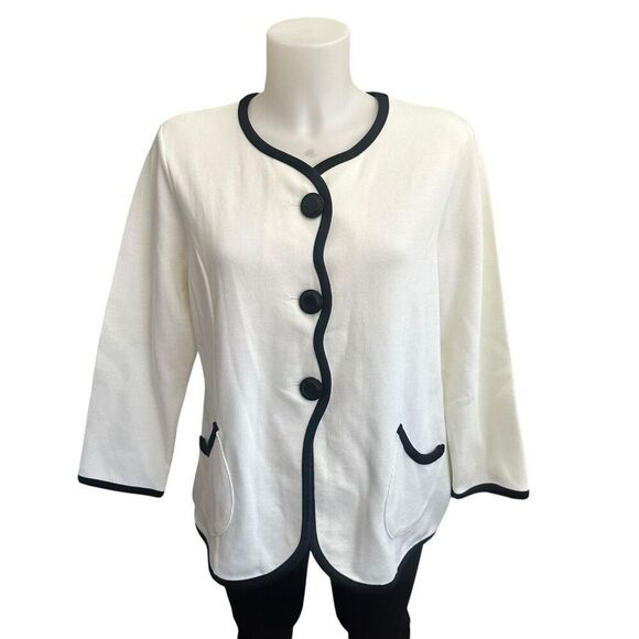 Bob Mackie White Knit Button Down Cardigan Black Wavy Trim Wearable Art M NEW - Picture 1 of 10